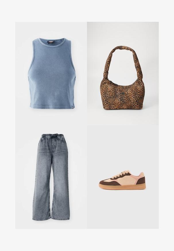 Lyseblå ribbet crop top med rund udskæring og ærmeløst design. Glat tekstur og en lille logo detalje ved kanten.; Grå jeans med brede ben, elastisk talje, snøre lukning og sidelommer. Bleget tekstur over hele stoffet.; Afslappet sneaker med lysebeige, bløde lyserøde og mørkebrune ruskindspaneler, snørelukning og gummisål mod ensfarvet baggrund.; Leopardmønstret håndtaske i brunt og sort stof med en rund form, blød tekstur og en tyk, polstret skulderrem. Detalje med lynlås lukning.