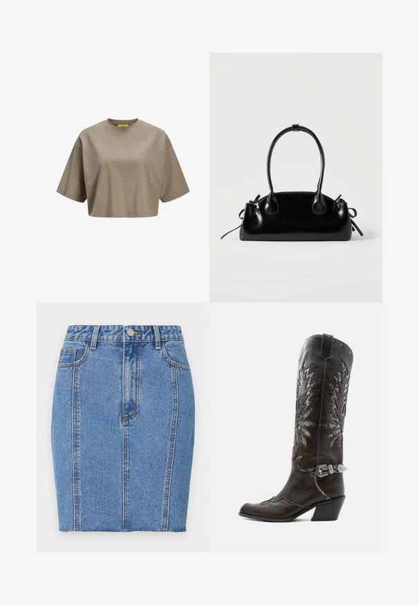 Braunes, cropped T-Shirt aus weicher Baumwolle, mit Rundhalsausschnitt und kurzen Ärmeln. Glatte Textur mit dezenten Stichdetails.; Hellblaue Denim-Minirock mit hoher Taille, zwei Vordertaschen und orangen Stichdetails. Glatte Textur, figurbetontes Design.; Schwarzer Leder-Cowboystiefel mit dekorativen Ausschnitten, silberner Schnalle und schräger Ferse, auf weißem Hintergrund dargestellt.; Kleine schwarze glänzende Handtasche mit zwei langen Griffen und seitlichen Kordelzug-Details vor einfachem hellem Hintergrund.