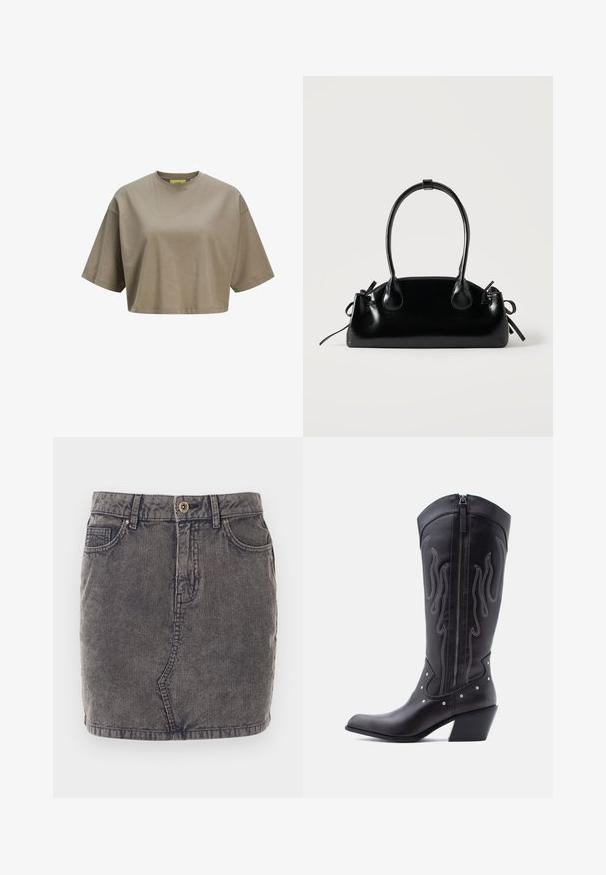 Brun cropped t-shirt lavet af blødt bomuld, med rund halsudskæring og korte ærmer. Glat tekstur med diskrete sydetaljer.; Grå denimnederdel med lodret ribbet tekstur, der har en frontknaplukning, to sidelommer og en lige kant.; Sorte cowboystøvler i læder med spids tå, synlige sømme, sølvfarvede nitte-detaljer og lynlås på den indvendige side.; Lille sort blank håndtaske med to lange håndtag og snøre-detaljer i siden på en ensfarvet lys baggrund.