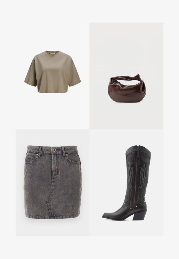 Brun cropped t-shirt lavet af blødt bomuld, med rund halsudskæring og korte ærmer. Glat tekstur med diskrete sydetaljer.; Grå denimnederdel med lodret ribbet tekstur, der har en frontknaplukning, to sidelommer og en lige kant.; Brune læder cowboystøvler med flammebroderi, sidelukning med lynlås, sølvnitter, spids snude og lagdelt hæl.; Mørkebrun læder skuldertaske med en blød, afslappet form og et snoet knudehåndtag på en ensartet hvid baggrund.