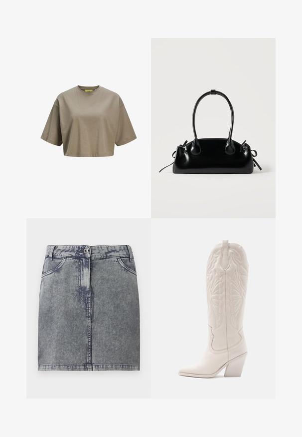 Brun cropped t-shirt lavet af blødt bomuld, med rund halsudskæring og korte ærmer. Glat tekstur med diskrete sydetaljer.; Grå denim minisukne med en falmet vask, der har forlommer, en knaplukning og en lige kant. Struktureret stof.; Hvide læder cowboystøvler med spidse tæer og blokhæle. Har intrikate syninger på skaftet og en glat tekstur.; Lille sort blank håndtaske med to lange håndtag og snøre-detaljer i siden på en ensfarvet lys baggrund.