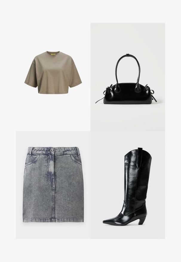Bruine cropped t-shirt gemaakt van zachte katoen, met een ronde halslijn en korte mouwen. Soepele textuur met subtiele stiksels.; Grijze denim minirok met een vervaagde wassing, voorzien van voorzakken, een knoopsluiting en een rechte zoom. Gestoffeerde stof.; Zwarte leren kniehoge laarzen met een spitse neus, lage hak en decoratieve stiksels aan de zijkanten. Gladde glanzende afwerking.; Kleine zwarte glanzende handtas met twee lange hengsels en zijkant trekkoord details op een effen lichte achtergrond.