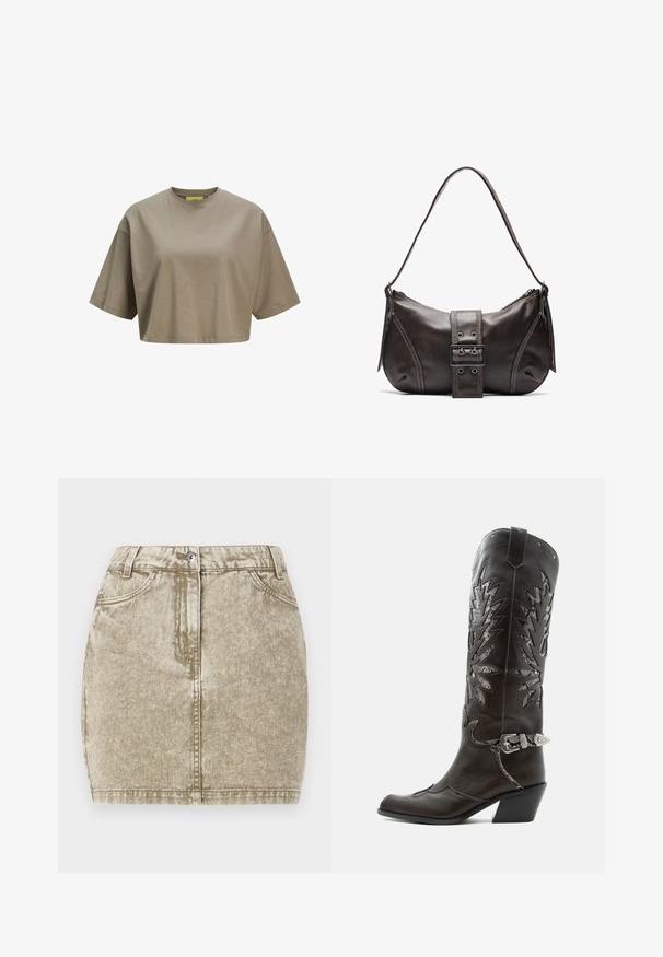 Brun cropped t-shirt lavet af blødt bomuld, med rund halsudskæring og korte ærmer. Glat tekstur med diskrete sydetaljer.; Khaki denimnederdel med en tekstureret overflade, fem lommer, knaplukning foran og sydekoration langs kanterne.; Sort læder cowboystøvle med dekorative udskæringer, sølvspænde og skrå hæl, vist på hvid baggrund.; Brun læder skuldertaske med en buet form, der har et fremtrædende spænde, kontrasterende syninger og en enkelt skulderrem.