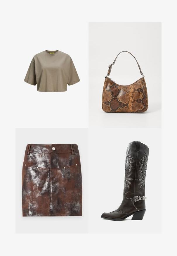 Brun cropped t-shirt lavet af blødt bomuld, med rund halsudskæring og korte ærmer. Glat tekstur med diskrete sydetaljer.; Brun og sort mini-nederdel med metalisk effekt, foranlommer, bæltestropper og en sølvfarvet knaplukning i taljen.; Sort læder cowboystøvle med dekorative udskæringer, sølvspænde og skrå hæl, vist på hvid baggrund.; Lille håndtaske med brun og sort slangeskinn mønster, kort justerbar rem og lynlåslukning.