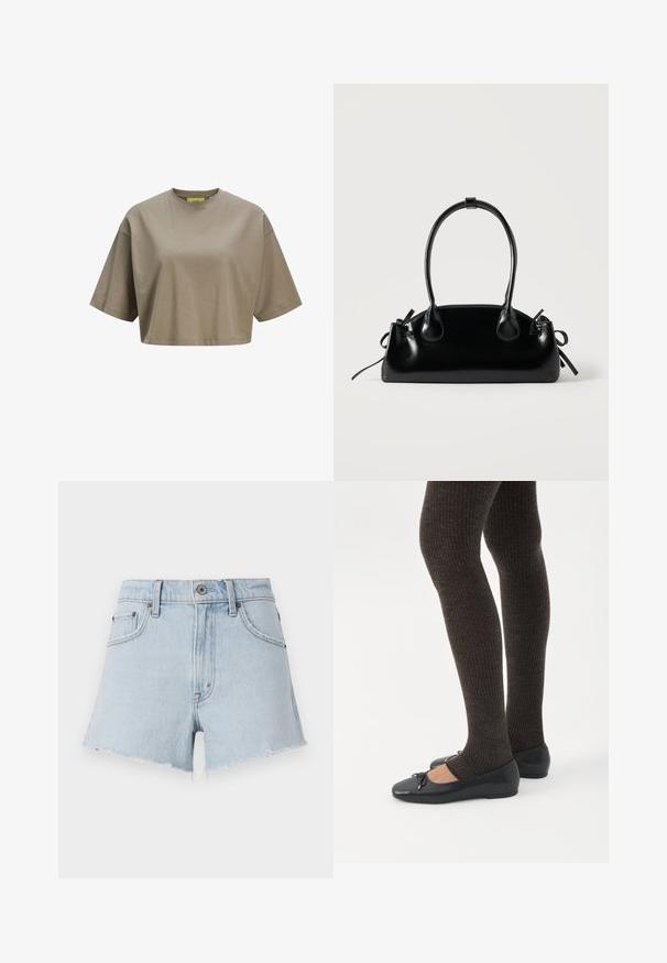 Brun cropped t-shirt lavet af blødt bomuld, med rund halsudskæring og korte ærmer. Glat tekstur med diskrete sydetaljer.; Lyseblå denimshorts med høj talje, frynsede kanter og fem lommer. Har metalknap og kontrastsying.; Ben iført mørke ribbede leggings kombineret med sorte balletsko med små sløjfedetaljer på hvid baggrund.; Lille sort blank håndtaske med to lange håndtag og snøre-detaljer i siden på en ensfarvet lys baggrund.