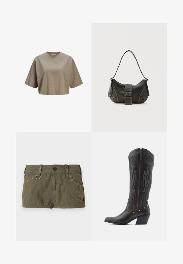 Brun cropped t-shirt lavet af blødt bomuld, med rund halsudskæring og korte ærmer. Glat tekstur med diskrete sydetaljer.; Olivengrønne shorts lavet af et letvægtsstof, med en talje med metalaccenter og sidelommer. Struktureret overflade med stikningsdetaljer.; Brune læder cowboystøvler med flammebroderi, sidelukning med lynlås, sølvnitter, spids snude og lagdelt hæl.; Sort læder skuldertaske med spænde på remmen, afrundede kanter og kontrasterende hvide syninger på en ensfarvet baggrund.
