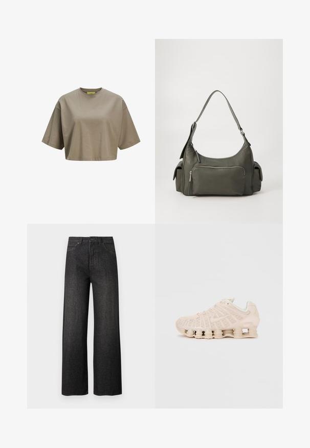 Bruine cropped t-shirt gemaakt van zachte katoen, met een ronde halslijn en korte mouwen. Soepele textuur met subtiele stiksels.; Zwart wijde pijpen jeans met hoge taille, voorzakken, knoopsluiting en riemlussen, afgebeeld op een effen lichte achtergrond.; Beige Nike Shox sportschoen met karakteristieke veerachtige dempingskolommen op de zool, een bovenwerk van mesh en het Nike-swooshlogo aan de zijkant.; Groene leren schoudertas met een gebogen ontwerp, met een ritsvak aan de voorkant en extra zijvakken. Gladde textuur en minimale hardware.