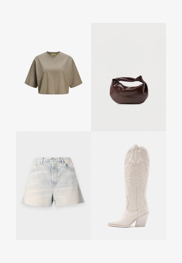 Brun cropped t-shirt lavet af blødt bomuld, med rund halsudskæring og korte ærmer. Glat tekstur med diskrete sydetaljer.; Denimshorts i lyseblå med en falmet finish. Har fire lommer, bæltestropper og knaplukning. Lige snit på benene.; Hvide læder cowboystøvler med spidse tæer og blokhæle. Har intrikate syninger på skaftet og en glat tekstur.; Mørkebrun læder skuldertaske med en blød, afslappet form og et snoet knudehåndtag på en ensartet hvid baggrund.