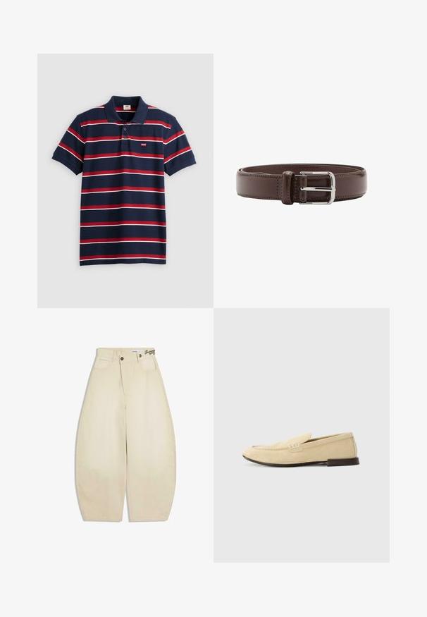 Polo shirt bleu marine avec des rayures horizontales rouges et blanches, col à trois boutons et petit logo Levi's sur la poitrine. Matière en coton doux.; Pantalon beige taille haute à jambes larges avec fermeture à boutons et zip, poches avant et passants pour ceinture, posé à plat sur fond blanc.; The Antipode Chaussons - cream; Ceinture en cuir marron avec boucle rectangulaire argentée et bords cousus, enroulée en cercle sur fond blanc.