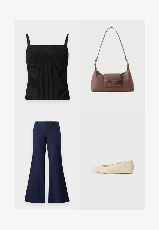 Débardeur noir à côtes avec bretelles spaghetti réglables, présentant une silhouette ajustée et une texture lisse.; Pantalons évasés bleu marine en coton, dotés d'une fermeture à boutons, de passants de ceinture et d'une texture lisse avec des ouvertures de jambe larges.; Ballerines beiges avec une exterior en cuir lisse, un bout en forme d'amande et une sangle élastique sur le coup de pied, avec des détails de couture subtils.; Sac à bandoulière en cuir marron avec une poche à rabat avant ornée d'un détail en forme de nœud cousu et une sangle réglable.