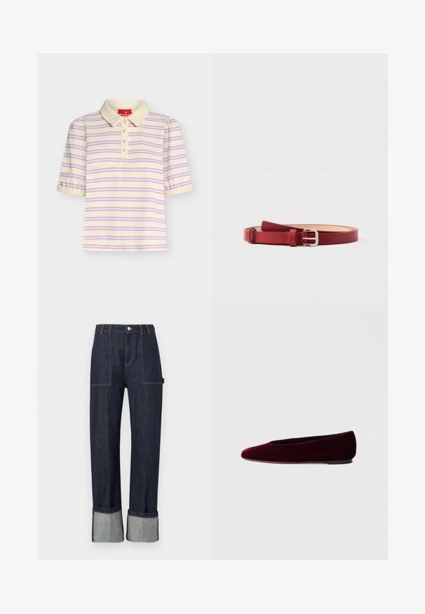 Polo à manches courtes couleur crème avec des rayures horizontales roses et bleues, un col et quatre boutons sur le devant.; Pantalon en denim bleu foncé avec larges revers, poches plaquées à l'avant, passants pour ceinture et fermeture par bouton à la taille.; Ballerines en velours bordeaux avec un bout arrondi et un talon bas, présentant une texture lisse et un design élégant.; Ceinture en cuir rouge avec boucle rectangulaire argentée, extrémité en boucle et texture lisse, présentée enroulée à plat sur fond blanc.