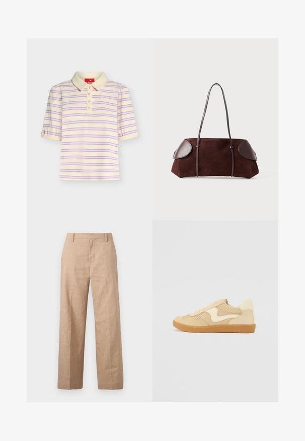 Polo à manches courtes couleur crème avec des rayures horizontales roses et bleues, un col et quatre boutons sur le devant.; Pantalon beige à jambes droites avec de fines rayures verticales, passants pour ceinture et fermeture éclair à l'avant, sur un fond uni.; Sneaker beige avec des matériaux en daim et en maille, forme arrondie, col rembourré proéminent et semelle en caoutchouc gomme. Présente un accent de design en forme de vague.; Sac en daim marron avec des accents en cuir, forme structurée, double poignées, bords arrondis, présentant une texture lisse et un matériel minimal.