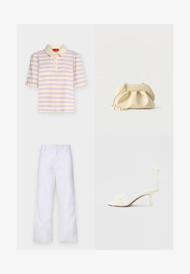 Polo à manches courtes couleur crème avec des rayures horizontales roses et bleues, un col et quatre boutons sur le devant.; Pantalon en coton blanc à coupe droite, avec un ourlet plié et des poches latérales. Design simple sans motifs ni accents visibles.; Sandale blanche à talon haut avec lien à la cheville et détail floral en dentelle à l'avant sur un fond clair uni.; Petit sac à main en cuir jaune pâle avec devant froncé, ferrures dorées et bandoulière réglable sur fond blanc.