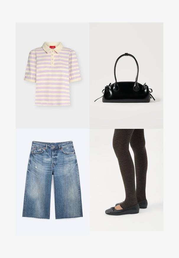 Polo à manches courtes couleur crème avec des rayures horizontales roses et bleues, un col et quatre boutons sur le devant.; Short en denim bleu longueur genou avec légère usure, poches avant, passants de ceinture et fermeture par bouton.; Jambes portant des leggings côtelés foncés associés à des ballerines noires avec de petits détails en nœud sur fond blanc.; Petit sac à main noir brillant avec deux longues anses et des détails à cordon sur les côtés sur un fond clair uni.