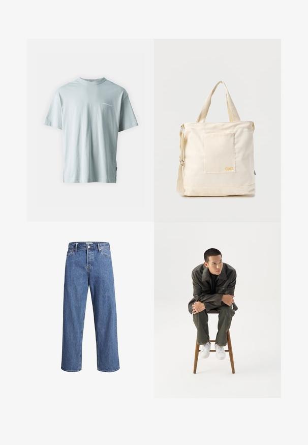 Light blue cotton T-shirt with a crew neckline and short sleeves; features a small white "ORIGINALS" text detail on the front left.; Light blue denim jeans with a straight-leg design, high waist, and minimal stitching details. The fabric has a soft, slightly faded texture.; Young man in dark leather jacket and jeans sits on wooden stool, leaning forward with arms crossed, looking to the side against white background.; Cream canvas tote bag with front pocket, two handles, adjustable shoulder strap, and small yellow "O.N.S" text on pocket bottom right.