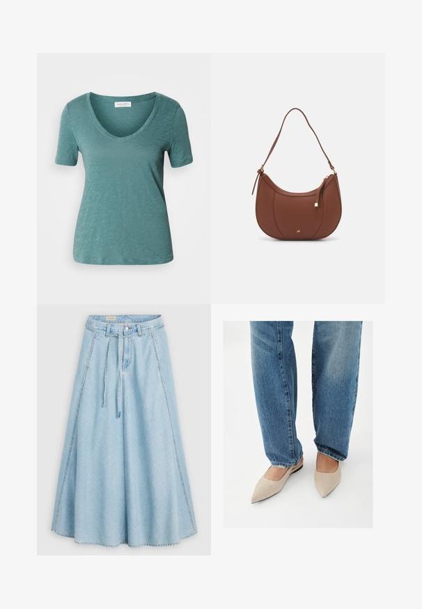 Kortærmet V-hals t-shirt i teal blå, lavet af letvægtsstof med en tekstureret overflade, med en ren kant og afslappet pasform.; Lys blå denimnederdel med skørtet design, justerbar snøre i taljen og sidelommer. Har kontrastsyninger og knaplukning.; Person iført blå jeans og beige spidse flade sko, stående på et hvidt gulv.; Brun faux læder skuldertaske med buet form, minimal syning og en guldtonet hardwaredetalje. Har en top lynlåslukning og justerbar rem.