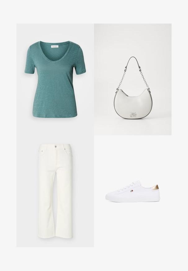 Kortærmet V-hals t-shirt i teal blå, lavet af letvægtsstof med en tekstureret overflade, med en ren kant og afslappet pasform.; Hvide cropped flare-jeans med frontknap og lynlås, bæltestropper samt lommer foran og bagpå, vist på en ensfarvet baggrund.; Hvide kanvas sneakers med rund tå, snørebånd fortil, og et gyldent detalje på hælen. Har et lille emblem på siden.; Hvid læderhåndtaske med en buet form, sorte detaljer og en sølv kædetraspen. Har en lynlås lukning og præget logo på fronten.