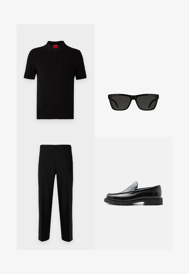 Camisa polo negra hecha de algodón suave. Presenta un cuello clásico, mangas cortas y una etiqueta roja en el escote. Sin patrones ni adornos.; Pantalones negros de tela suave, con corte recto, dos bolsillos frontales y cremallera con cierre de botón.; Mocasín de cuero negro con suela de goma gruesa, empeine cosido y nombre de la marca en relieve en el talón, mostrado en perfil lateral sobre fondo blanco.; Gafas de sol negras con forma rectangular, montura de plástico brillante, lentes oscuras y diseño elegante de patillas, adecuadas para varios tipos de rostro.