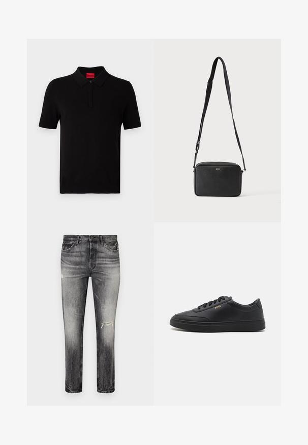 Camisa polo negra hecha de algodón suave. Presenta un cuello clásico, mangas cortas y una etiqueta roja en el escote. Sin patrones ni adornos.; Vaqueros de mezclilla negra desgastados con corte recto, que cuentan con zonas desgastadas, bolsillos frontales y un cierre clásico de botón.; Zapatillas de cuero negro con una textura suave, punta redondeada, suela plana de goma y cordones a tono. Presentan el logotipo dorado "BOSS" en el lateral.; Bolso bandolera rectangular negro con correa ajustable y logo BOSS en la parte delantera, sobre un fondo claro liso.