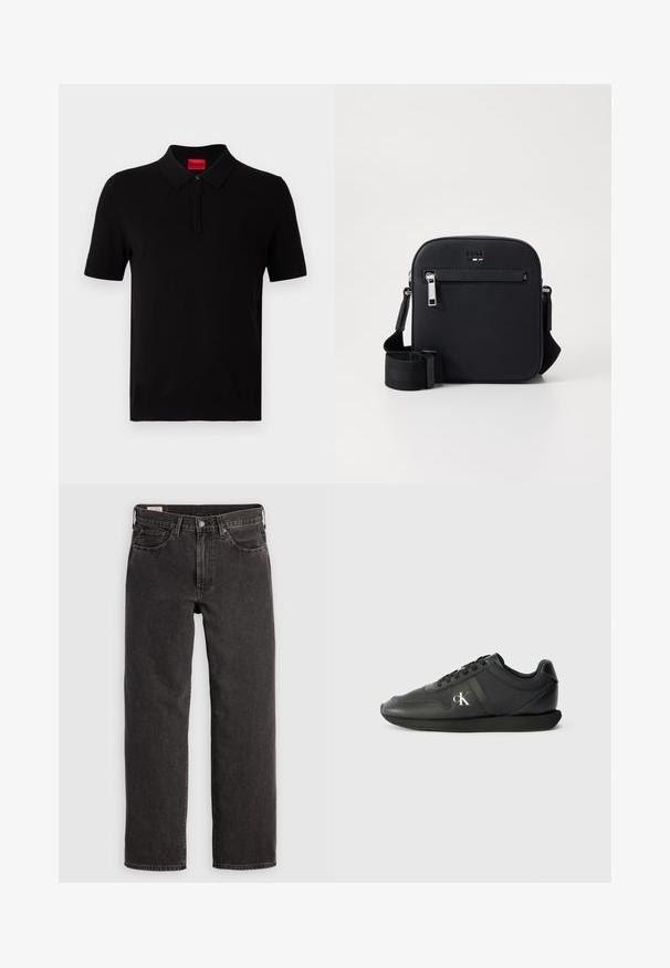 Camisa polo negra hecha de algodón suave. Presenta un cuello clásico, mangas cortas y una etiqueta roja en el escote. Sin patrones ni adornos.; Jeans de mezclilla negra con un diseño de pierna recta, cinco bolsillos y herrajes metálicos. La tela tiene una ligera textura y un acabado de color sólido.; Zapatillas de piel negra con puntera redondeada, suela plana negra y diseño con cordones. Presentan un logo plateado en el lateral y un acabado suave y texturizado.; Bolso bandolera de cuero negro con textura suave, que cuenta con un bolsillo frontal con cremallera, correa ajustable y un diseño cuadrado elegante.