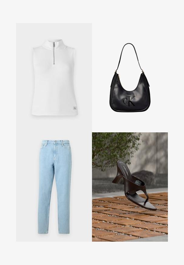 Hvid ærmeløs top med ståkrave og en halv lynlås. Har ribbet tekstur og et lille mærke ved kanten.; Lyseblå denimjeans med lige ben, femlommers design og knaplukning. Har subtilt slid og en glat tekstur.; Brun Calvin Klein hælet thong sandal svævende over træflise og grus udendørs med sløret grønt og stenmur i baggrunden.; Sort skuldertaske i læder med gulddetaljer, med et fremhævet "cK"-logo foran og en enkelt rem til at bære den.