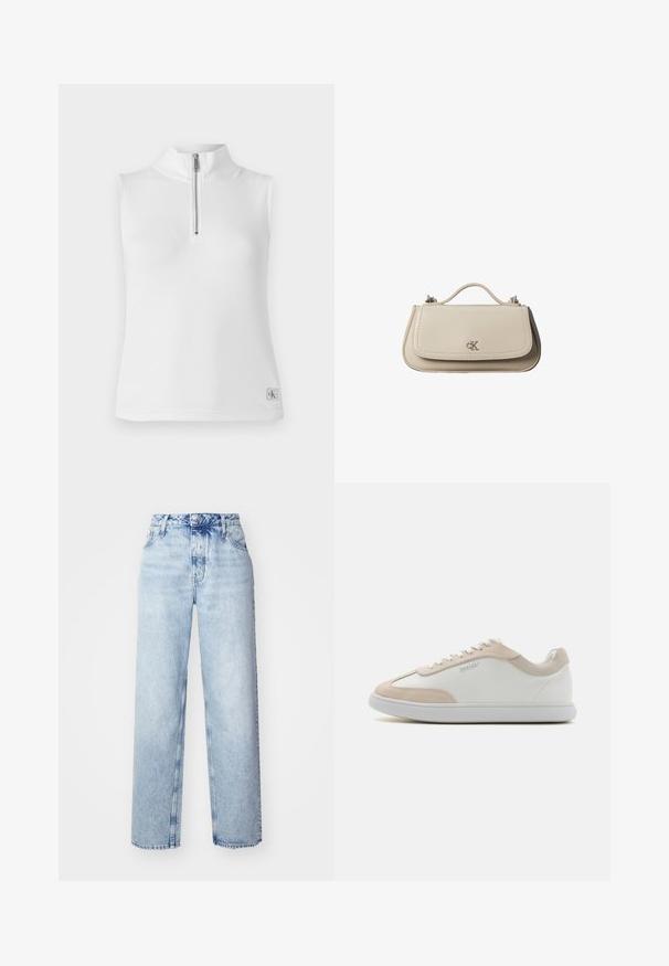 Hvid ærmeløs top med ståkrave og en halv lynlås. Har ribbet tekstur og et lille mærke ved kanten.; Lyseblå højtaljede jeans med løs pasform, der har lige ben, fem lommer og en klassisk knap- og lynlåslukning.; Hvide lædersneakers med beige ruskindsdetaljer og hvide snøringer. Har en rund tå og en polstret sål for komfort.; Lille beige læderhåndtaske med top håndtag og sølv CK-logo på frontklap, vist mod en hvid baggrund.