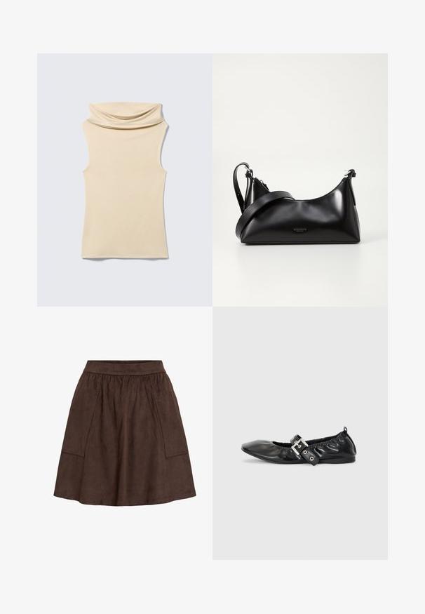 Haut sans manches beige à col roulé avec un détail de col doux et plié, posé à plat sur un fond gris clair.; Jupe en daim marron avec une ceinture élastique, dotée de poches latérales et d'une coupe évasée. Texture lisse et longueur jusqu'au genou.; Chaussure plate en cuir noir avec un nez pointu, des détails froncés autour de l'ouverture et un accent en boucle argentée sur la bride ajustable.; Sac à main en cuir noir avec une texture lisse. Dispose d'une bandoulière adjustable et d'un design élégant et minimaliste avec une fermeture éclair.