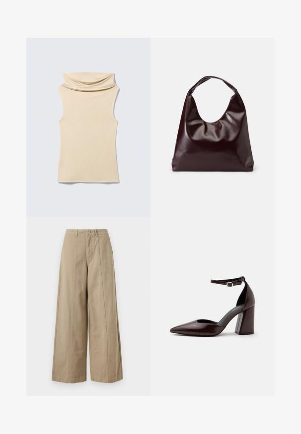 Haut sans manches beige à col roulé avec un détail de col doux et plié, posé à plat sur un fond gris clair.; Pantalons larges beiges en coton robuste, avec une fermeture à bouton, des passants de ceinture et des plis avant nets sans poches visibles.; Chaussure à talon haut en cuir marron foncé à bout pointu, avec bride à la cheville et boucle argentée sur fond blanc.; Sac en cuir vegan bordeaux, brillant, avec une forme douce et sculpturale et une large poignée incurvée pour un transport facile.