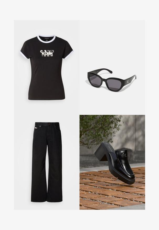 Camiseta negra con detalles en blanco, que presenta un gráfico audaz de Calvin Klein 1968 en el centro. Fabricada en algodón, de manga corta.; Jeans de pierna ancha negros, hechos de algodón. Presentan bolsillos frontales, cierre de botón y una textura de denim clásica. Diseño minimalista sin patrones.; Mule tipo slip-on de cuero negro de Calvin Klein con tacón de bloque descansando sobre baldosas de madera al aire libre cerca de una planta verde y una pared gris.; Gafas de sol negras con un diseño elegante y angular, lentes oscuros y un logo plateado en contraste en el lateral. Textura de plástico suave.