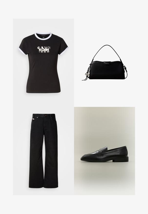 Camiseta negra con detalles en blanco, que presenta un gráfico audaz de Calvin Klein 1968 en el centro. Fabricada en algodón, de manga corta.; Jeans de pierna ancha negros, hechos de algodón. Presentan bolsillos frontales, cierre de botón y una textura de denim clásica. Diseño minimalista sin patrones.; Mocasín penny de cuero negro con tacón bajo, puntera redondeada y detalles cosidos sobre un fondo neutro.; Bolso rectangular negro de Calvin Klein con una única correa superior, dije con el logo plateado y un pequeño cierre de solapa en la parte frontal.