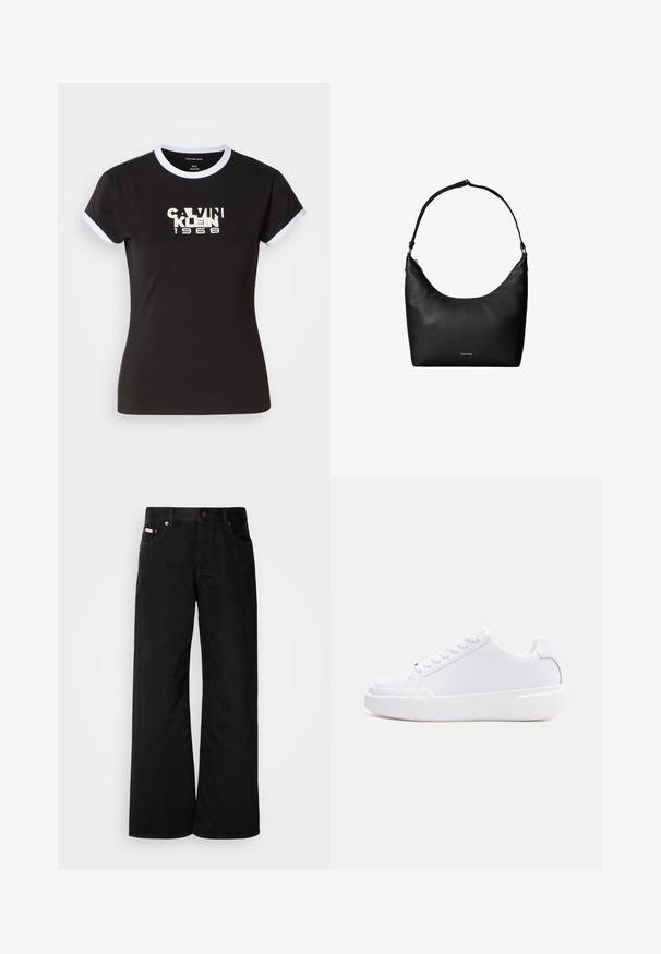 Camiseta negra con detalles en blanco, que presenta un gráfico audaz de Calvin Klein 1968 en el centro. Fabricada en algodón, de manga corta.; Jeans de pierna ancha negros, hechos de algodón. Presentan bolsillos frontales, cierre de botón y una textura de denim clásica. Diseño minimalista sin patrones.; Zapatilla blanca de corte bajo con cierre de cordones, suela gruesa y parte superior lisa, mostrada desde el lado exterior sobre un fondo claro y sencillo.; Bolso de hombro de cuero negro texturizado con una sola correa y un pequeño logo de Calvin Klein en el centro delantero.