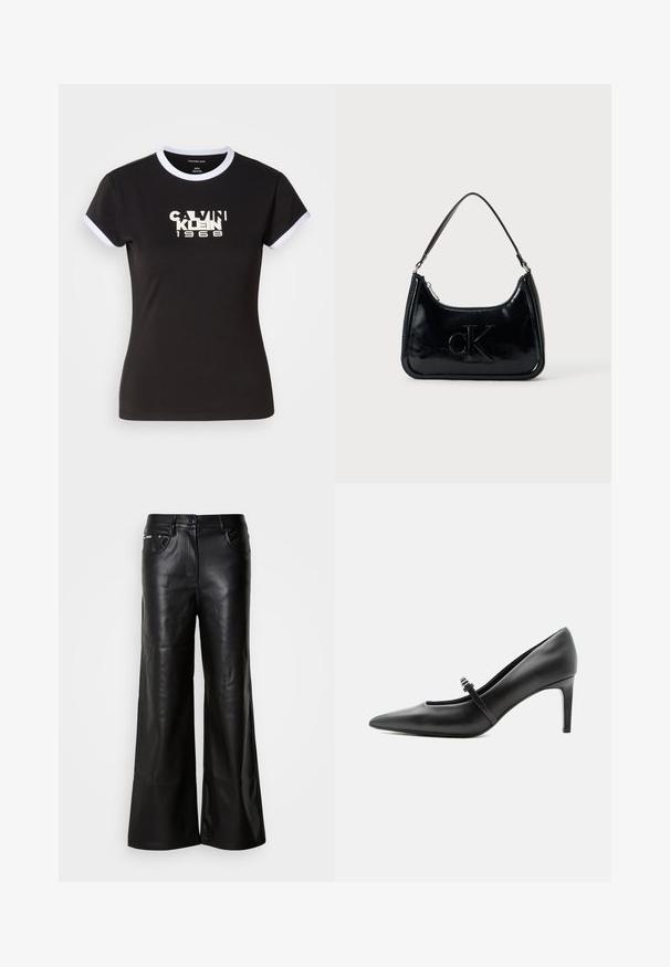 Camiseta negra con detalles en blanco, que presenta un gráfico audaz de Calvin Klein 1968 en el centro. Fabricada en algodón, de manga corta.; Pantalones de cuero negros de pierna ancha con una textura suave, featuring un cierre frontal con botón, dos bolsillos laterales y detalles de costura mínimos.; Zapato de tacón alto de cuero negro con punta puntiaguda, con tira fina y hebilla sobre el empeine, sobre fondo claro y neutro.; Bolso de mano de piel sintética negra con un asa curvada en la parte superior, cierre de cremallera y logo "cK" en relieve en el frente. Textura suave, forma estructurada.