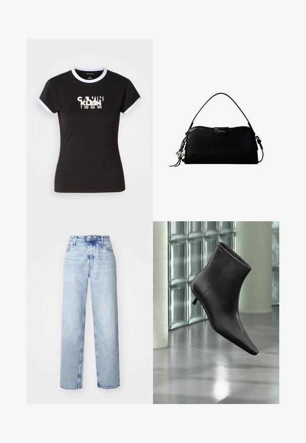 Camiseta negra con detalles en blanco, que presenta un gráfico audaz de Calvin Klein 1968 en el centro. Fabricada en algodón, de manga corta.; Jeans de tiro alto color azul claro con un corte holgado, que cuentan con piernas rectas, cinco bolsillos y un cierre clásico de botones y cremallera.; Bota de cuero negro para el tobillo con puntera puntiaguda y tacón pequeño, exhibida frente a una pared de bloques de vidrio y un suelo pulido.; Bolso rectangular negro de Calvin Klein con una única correa superior, dije con el logo plateado y un pequeño cierre de solapa en la parte frontal.