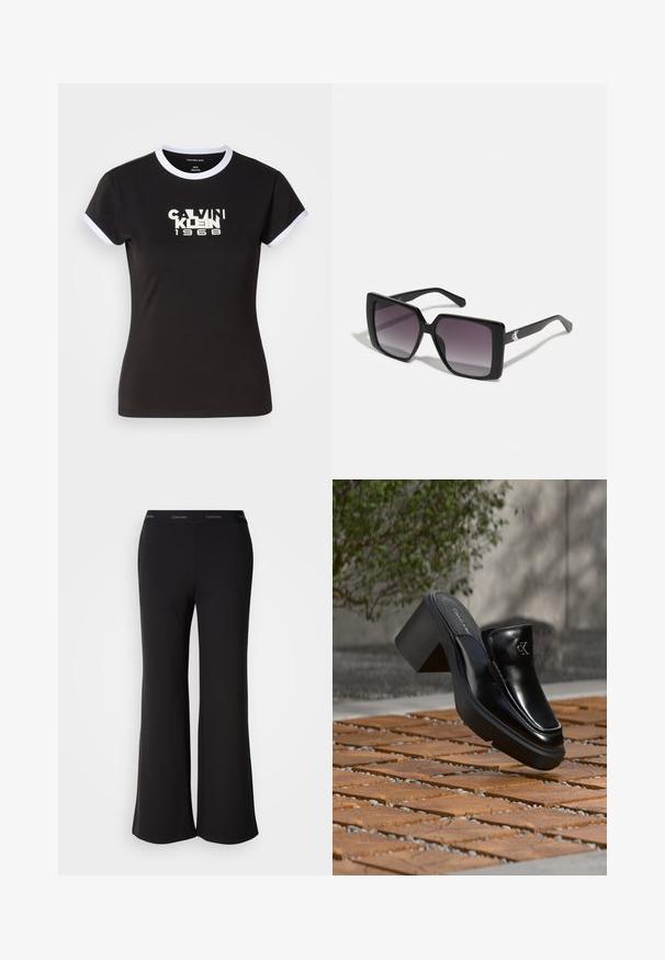 Camiseta negra con detalles en blanco, que presenta un gráfico audaz de Calvin Klein 1968 en el centro. Fabricada en algodón, de manga corta.; Pantalones acampanados negros fabricados con tela suave y con una pretina ancha que presenta el logo de Calvin Klein. Textura lisa, diseño de largo completo.; Mule tipo slip-on de cuero negro de Calvin Klein con tacón de bloque descansando sobre baldosas de madera al aire libre cerca de una planta verde y una pared gris.; Gafas de sol cuadradas negras con lentes degradados grises. Montura brillante con líneas elegantes. Acento de logo plateado en las patillas.