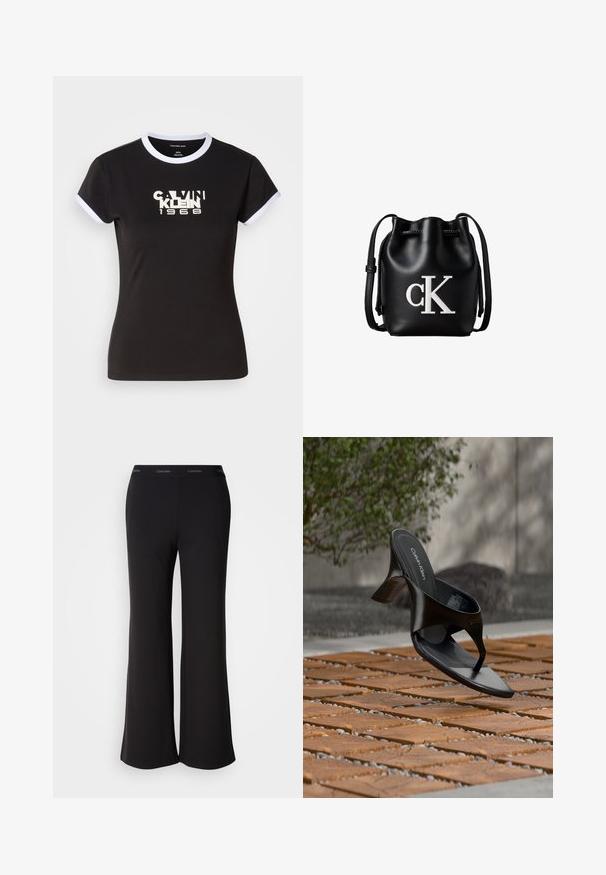 Sort t-shirt med hvide ringer detaljer, med en iøjnefaldende Calvin Klein 1968 grafik i midten. Lavet af bomuld, kortærmet.; Sorte vide bukser lavet af blødt stof med en bred linning med Calvin Klein-logoet. Glat tekstur, hel-langde design.; Sort Calvin Klein hæl-sandal med åben tå, der svæver over en udendørs flisebelagt overflade med grønne planter og en betonvæg i baggrunden.; Sort læder bucket taske med snørelukning på toppen og hvidt "cK" logo foran, med justerbar skulderrem.