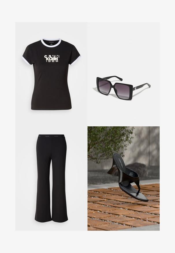 Camiseta negra con detalles en blanco, que presenta un gráfico audaz de Calvin Klein 1968 en el centro. Fabricada en algodón, de manga corta.; Pantalones acampanados negros fabricados con tela suave y con una pretina ancha que presenta el logo de Calvin Klein. Textura lisa, diseño de largo completo.; Sandalia negra de tacón tipo tanga de Calvin Klein flotando sobre una superficie exterior de azulejos, con vegetación y una pared de hormigón al fondo.; Gafas de sol cuadradas negras con lentes degradados grises. Montura brillante con líneas elegantes. Acento de logo plateado en las patillas.