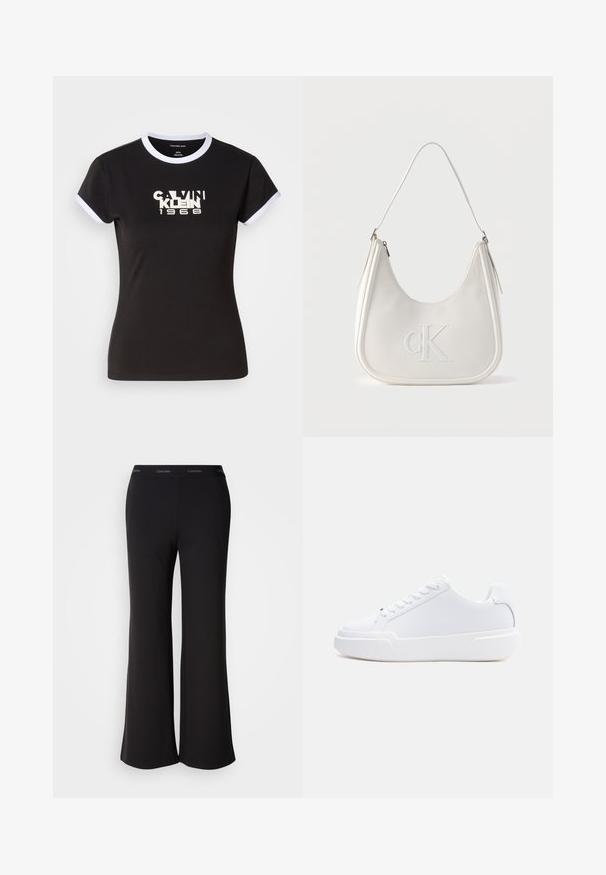 Camiseta negra con detalles en blanco, que presenta un gráfico audaz de Calvin Klein 1968 en el centro. Fabricada en algodón, de manga corta.; Pantalones acampanados negros fabricados con tela suave y con una pretina ancha que presenta el logo de Calvin Klein. Textura lisa, diseño de largo completo.; Zapatilla blanca de corte bajo con cierre de cordones, suela gruesa y parte superior lisa, mostrada desde el lado exterior sobre un fondo claro y sencillo.; Bolso de hombro de cuero blanco con cierre de cremallera, forma curva y logo CK en relieve en la parte delantera.
