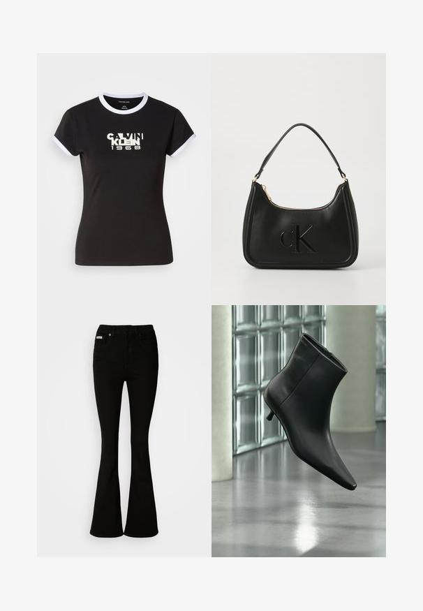 Camiseta negra con detalles en blanco, que presenta un gráfico audaz de Calvin Klein 1968 en el centro. Fabricada en algodón, de manga corta.; Jeans negros acampanados con una cintura ajustada, hechos de denim suave. Presenta dos bolsillos frontales y un cierre clásico de botón y cremallera.; Botín negro de cuero con punta puntiaguda y tacón bajo estilo kitten, mostrado en ángulo sobre un suelo pulido y con una pared de bloques de vidrio de fondo.; Bolso de mano de cuero negro con forma curva, que presenta una cremallera dorada y un sutil logo "cK" en relieve. Textura suave y un solo asa.