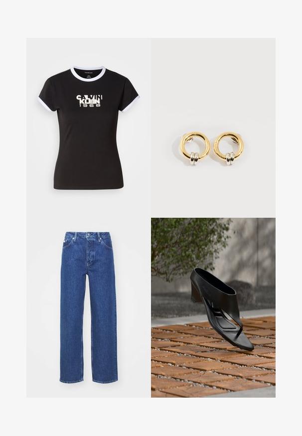 Camiseta negra con detalles en blanco, que presenta un gráfico audaz de Calvin Klein 1968 en el centro. Fabricada en algodón, de manga corta.; Jeans de mezclilla azul de pierna ancha con una cintura alta, con cierre de cremallera y botón, presillas para el cinturón y un ligero desgaste en la tela.; Sandalia negra de tacón alto con tira entre los dedos, flotando sobre una superficie exterior de madera y grava con patrón, con vegetación desenfocada y pared al fondo.; Pendientes circulares de oro con dos pequeños anillos de plata en cada uno, que muestran detalles sutiles del nombre de la marca grabado, colocados sobre un fondo blanco.