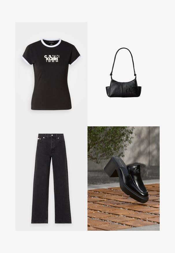 Camiseta negra con detalles en blanco, que presenta un gráfico audaz de Calvin Klein 1968 en el centro. Fabricada en algodón, de manga corta.; Jeans anchos de mezclilla negros, con cintura alta, cinco bolsillos y cierre de botón metálico con costuras contrastantes.; Mule tipo slip-on de cuero negro de Calvin Klein con tacón de bloque descansando sobre baldosas de madera al aire libre cerca de una planta verde y una pared gris.; Bolso de hombro de cuero negro con correa larga, bolsillos laterales y logo de Calvin Klein en relieve en la parte delantera.