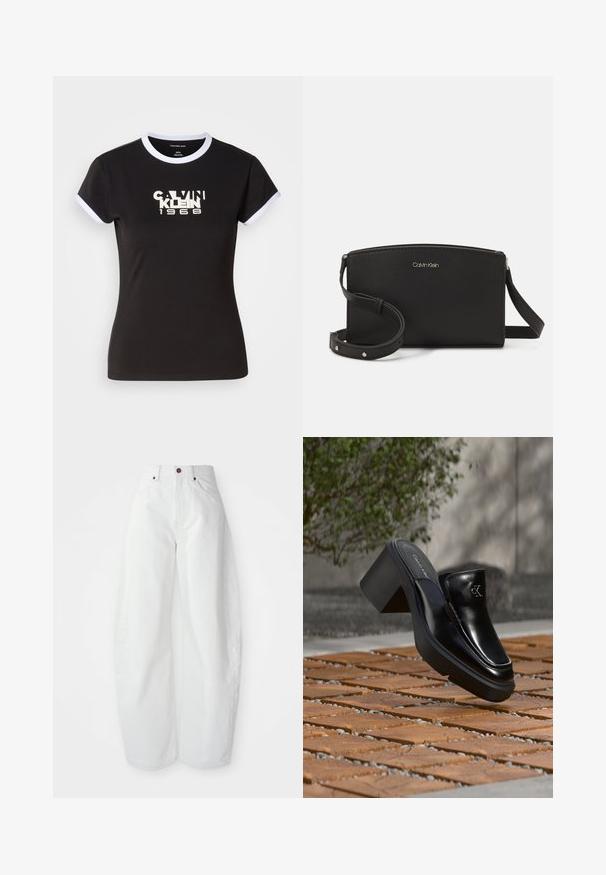 Sort t-shirt med hvide ringer detaljer, med en iøjnefaldende Calvin Klein 1968 grafik i midten. Lavet af bomuld, kortærmet.; Højtaljede hvide denimbukser med løs pasform. Har en knaplukning, sidelommer og et minimalistisk design. Glat tekstur.; Sort læder Calvin Klein slip-on mule med blokhæl, der hviler på trætøj udendørs nær en grøn plante og en grå væg.; Sort læder crossover taske med en tekstureret overflade, lynlås lukning og justerbar skulderrem med metalholdige detaljer. Brandlogo vist på fronten.