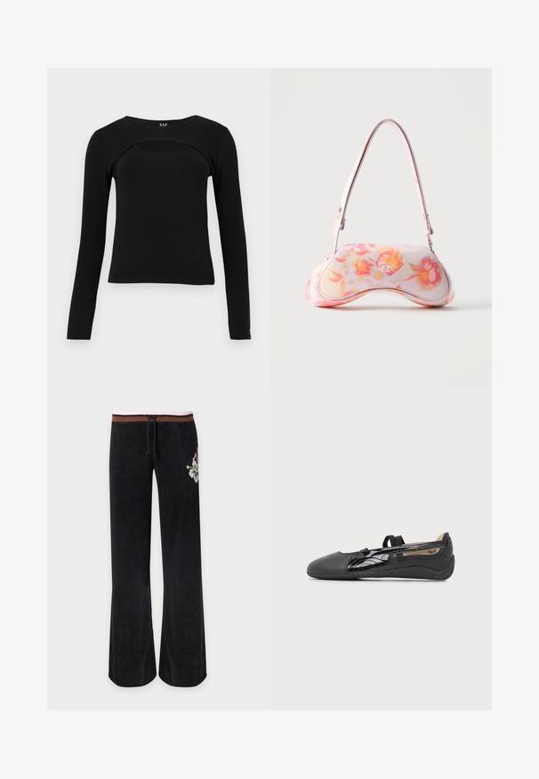 Haut noir à manches longues ajusté avec un col rond et une découpe incurvée sur la partie supérieure de la poitrine, étiquette GAP à l'intérieur du col.; Pantalon noir à jambes larges avec une ceinture rayée marron et rose, cordon de serrage et broderie florale blanche sur la hanche droite.; Chaussure plate noire à enfiler avec une sangle élastique, bout lisse et détail latéral brillant, présentée de profil sur fond neutre.; Petit sac à main à la forme courbée présentant un motif floral rose et orange et une bandoulière unique sur fond uni.