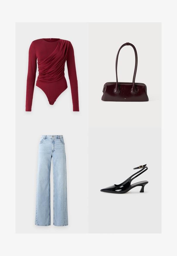 Langarm bodysuit in diep rood, met gedrapeerde stof, een ronde hals en drukknoopsluiting onderaan, gemaakt van zachte rekbare materiaal.; Lichte blauwe denim jeans met een hoge taille en wijde pijpen, met vijf zakken en een vervaagde textuur. Heeft gestikte details en een rechte snit aan de zoom.; Zwarte gepatineerde leren slingback hakken met een puntige neus, lage blokhak en een verstelbare enkelband met een gouden gespsluiting.; Donkerbruine glanzende leren handtas met lange, dunne handvatten en een gestructureerde rechthoekige bodem op een effen lichte achtergrond.