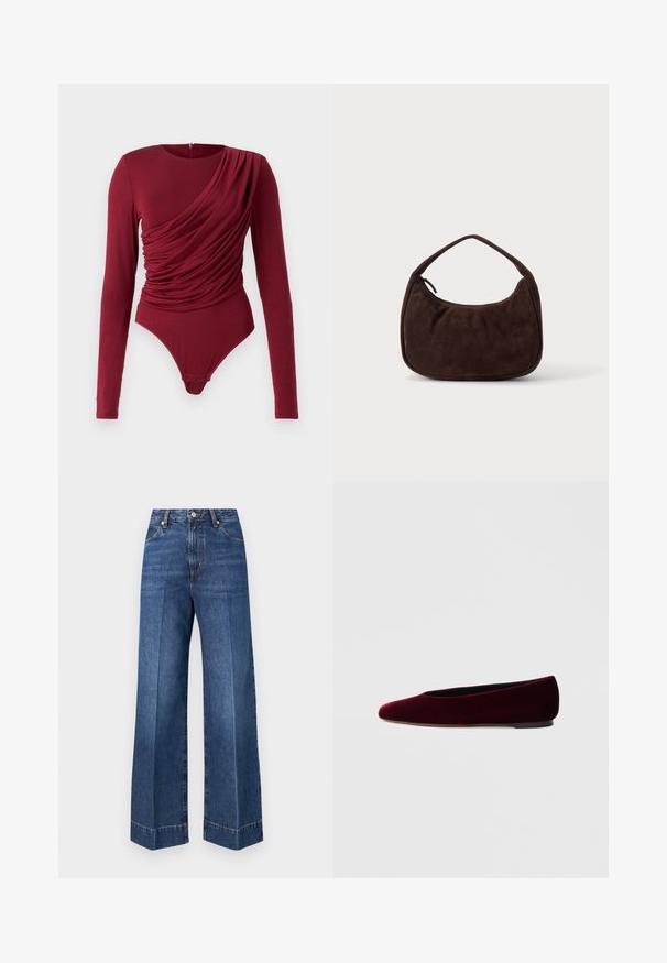Langærmet bodysuit i dyb rød, med draperet stof, scoop neck og trykknaplukning i bunden, lavet af blødt strækmateriale.; Blå højtaljede vidde jeans i denim med frontlommer, knaplukning og synlige syningsdetaljer på en ensfarvet hvid baggrund.; Bourgognefarvede balletflade sko i fløjl med rundet tå og lav hæl, med en glat tekstur og elegant design.; Mørkebrun ruskindshåndtaske med kort rem og afrundet rektangulær form på en ensfarvet lys baggrund.