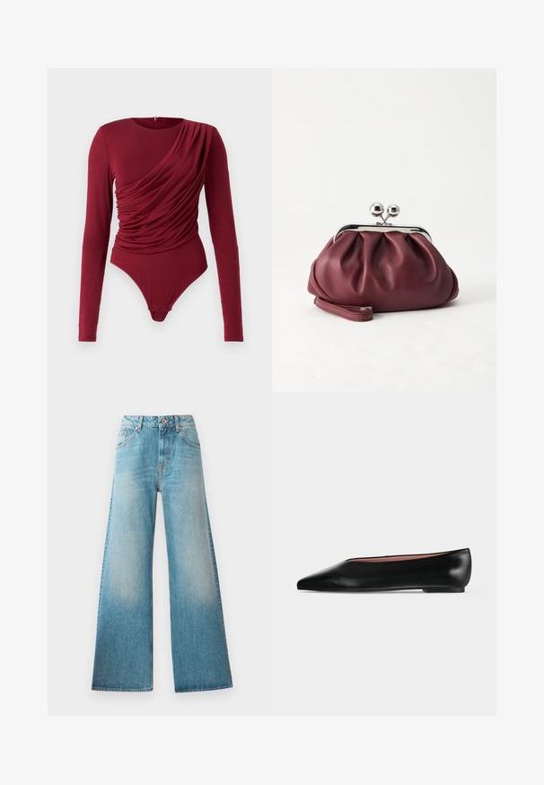 Langarm bodysuit in diep rood, met gedrapeerde stof, een ronde hals en drukknoopsluiting onderaan, gemaakt van zachte rekbare materiaal.; Lichtblauwe denim wijde pijpen jeans met een hoge taille, vijf zakken ontwerp en subtiele vervaging langs de bovenbenen. Koperen hardware-details.; Zwarte leren damesschoen met platte zool, puntige neus en lage hak, zijwaarts afgebeeld tegen een effen lichtgrijze achtergrond.; Kleine bordeauxrode leren clutch-portemonnee met zilverkleurige metalen sluiting en polsbandje op een witte achtergrond.