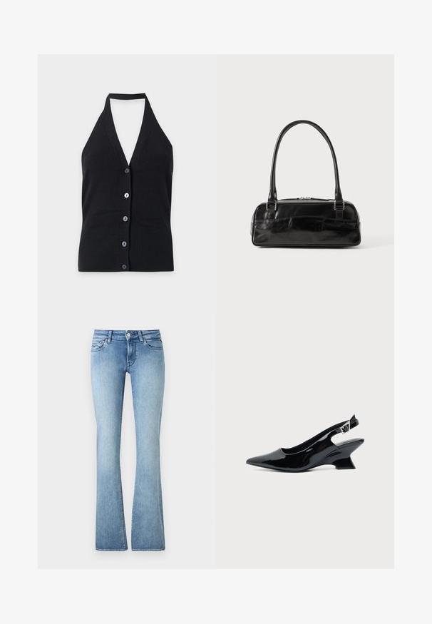 Haut noir en maille à col licou avec un profond décolleté en V et cinq boutons sur le devant, présenté sur un fond clair uni.; Jean en denim bleu clair avec une taille haute, une fermeture éclair et des boutons devant, cinq poches, et des jambes légèrement évasées.; Chaussure slingback en cuir verni noir avec bout pointu et petit talon bloc incliné sur fond clair uni.; Sac à main en cuir noir de forme rectangulaire, doté d'une seule ansse structurée, de quincaillerie argentée et d'une fermeture éclair. Texture lisse.