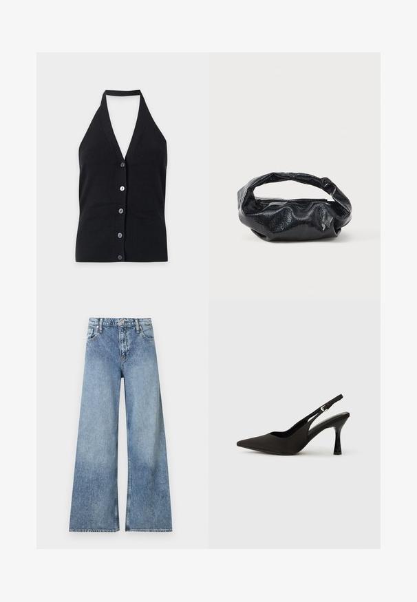 Haut noir en maille à col licou avec un profond décolleté en V et cinq boutons sur le devant, présenté sur un fond clair uni.; Jean denim bleu clair à jambes larges avec poches avant, passants pour ceinture, fermeture à bouton et détails délavés.; Chaussures à talons noires avec une bride, à bout pointu, finition mate lisse et talon fin brillant. Sangle ajustable avec petit détail de boucle.; Sac noir en matériau texturé et brillant avec une poignée circulaire torsadée et une fermeture éclair. Présente un design doux et froissé.