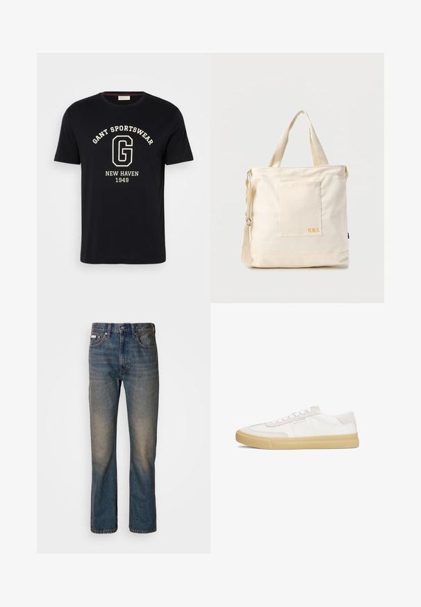 Zwart T-shirt met korte mouwen met witte tekst "GANT SPORTSWEAR" gebogen boven een grote "G" en "NEW HAVEN 1949" gecentreerd eronder.; Hoge taille blauwe spijkerbroek van denim, met een rechte pijpontwerp, vervaagde versleten plekken en traditionele vijf-pocket styling.; Witte sneakers van leer en suède, met een vetersluiting, een tan rubberen zool en een klein logo aan de zijkant.; Crèmekleurige canvas boodschappentas met voorvak, twee handvatten, verstelbare schouderriem en kleine gele "O.N.S" tekst rechtsonder op het vak.