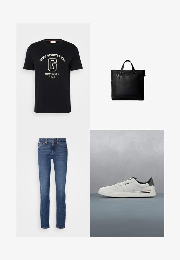Zwart T-shirt met korte mouwen met witte tekst "GANT SPORTSWEAR" gebogen boven een grote "G" en "NEW HAVEN 1949" gecentreerd eronder.; Blauwe denimjeans met een recht model, voorzien van een klassieke vijf-pocket indeling en koperen hardware accentuering op de tailleband en zakken.; Witte lage sneaker met zwarte hiel, vetersluiting, subtiele perforaties en het "BOSS" logo aan de zijkant, getoond vanuit het zijprofiel.; Zwarte tote bag met dubbele handvatten, grote voorste leren zak met ritssluiting en subtiel Calvin Klein-logo in het midden van de zak.