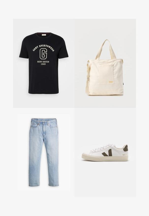 Zwart T-shirt met korte mouwen met witte tekst "GANT SPORTSWEAR" gebogen boven een grote "G" en "NEW HAVEN 1949" gecentreerd eronder.; Lichtblauwe denim jeans met een recht model, vijf zakken en contrasterende stiksels. Knopen- en ritssluiting bij de taille.; Witte leren sneakers met een lichtbeige rubberen zool. Voorzien van een bruine suède V-logo en hieltab. Gespsluiting met een gestructureerd oppervlak.; Crèmekleurige canvas boodschappentas met voorvak, twee handvatten, verstelbare schouderriem en kleine gele "O.N.S" tekst rechtsonder op het vak.